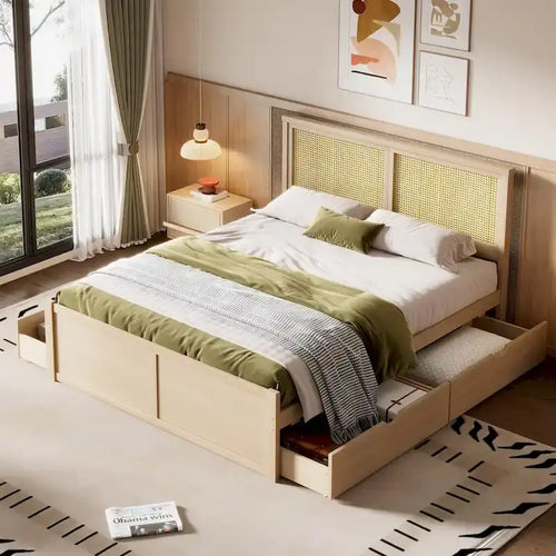 Cama Queen de Plataforma Antigua Natural con Cabecero de Ratán y 4 Cajones – Capacidad para 2 personas