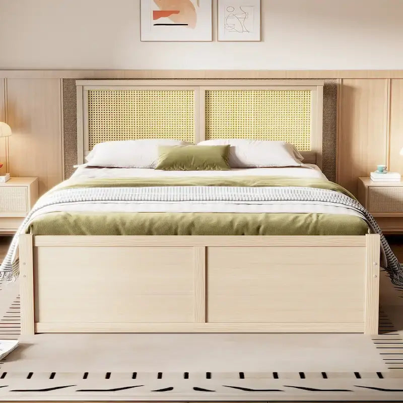 Cama Queen de Plataforma Antigua Natural con Cabecero de Ratán y 4 Cajones – Capacidad para 2 personas