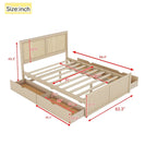 Cama Queen de Plataforma Antigua Natural con Cabecero de Ratán y 4 Cajones – Capacidad para 2 personas