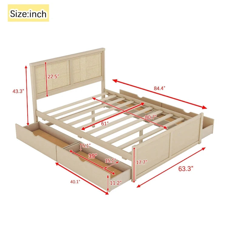 Cama Queen de Plataforma Antigua Natural con Cabecero de Ratán y 4 Cajones – Capacidad para 2 personas