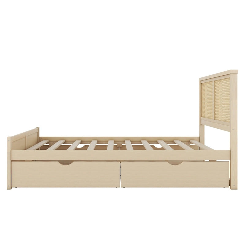 Cama Queen de Plataforma Antigua Natural con Cabecero de Ratán y 4 Cajones – Capacidad para 2 personas