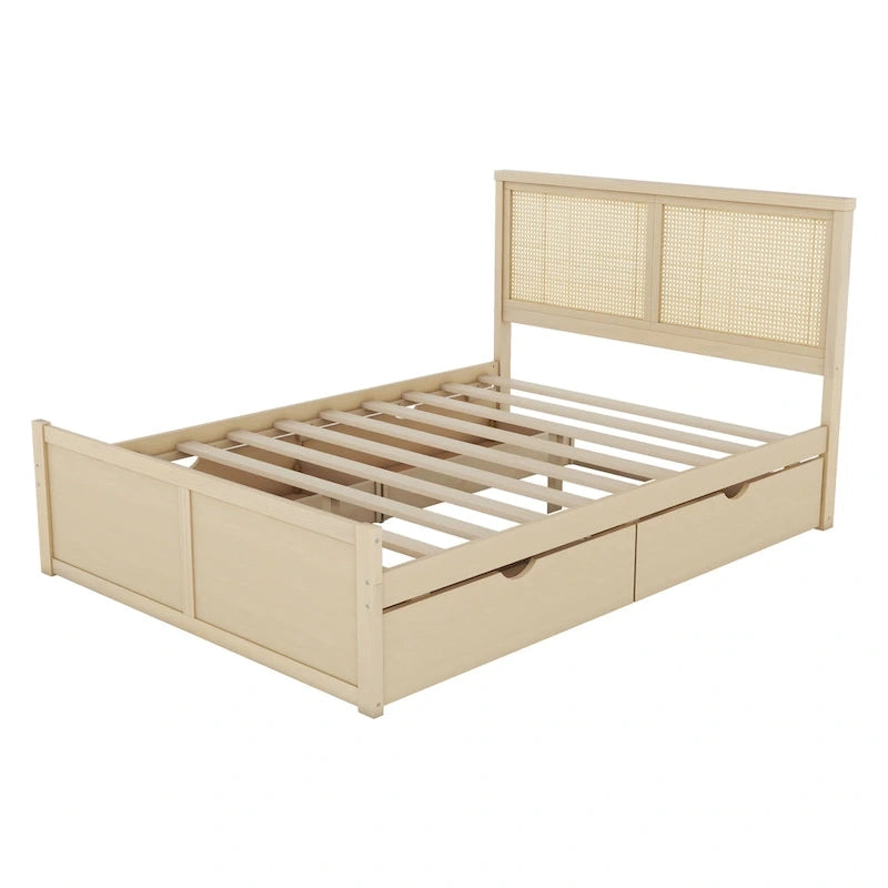 Cama Queen de Plataforma Antigua Natural con Cabecero de Ratán y 4 Cajones – Capacidad para 2 personas