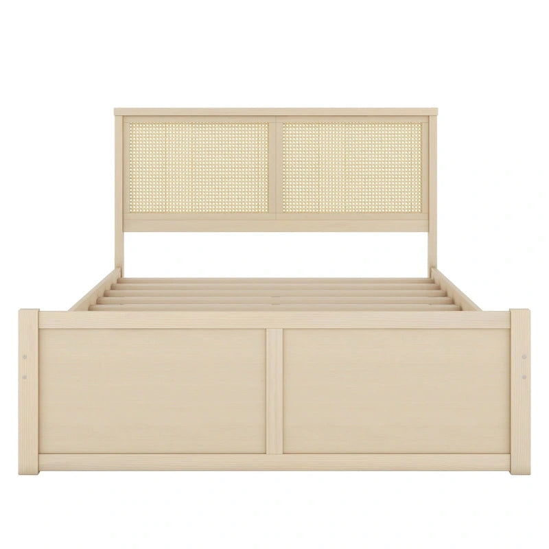 Cama Queen de Plataforma Antigua Natural con Cabecero de Ratán y 4 Cajones – Capacidad para 2 personas