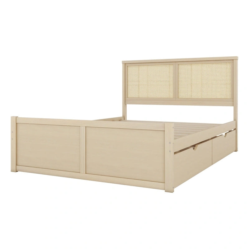 Cama Queen de Plataforma Antigua Natural con Cabecero de Ratán y 4 Cajones – Capacidad para 2 personas