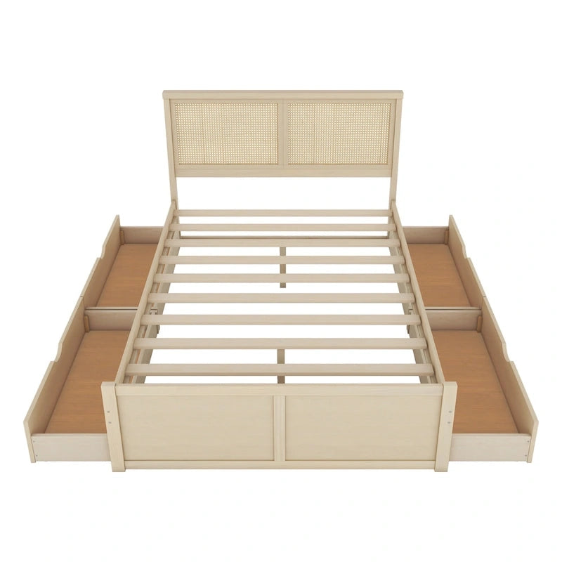Cama Queen de Plataforma Antigua Natural con Cabecero de Ratán y 4 Cajones – Capacidad para 2 personas