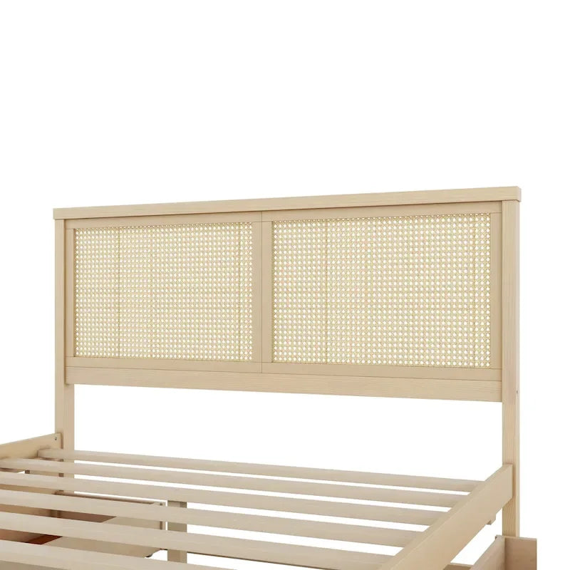 Cama Queen de Plataforma Antigua Natural con Cabecero de Ratán y 4 Cajones – Capacidad para 2 personas