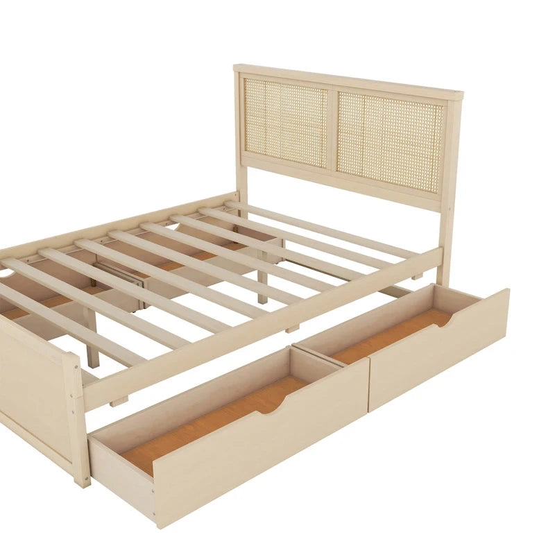 Cama Queen de Plataforma Antigua Natural con Cabecero de Ratán y 4 Cajones – Capacidad para 2 personas