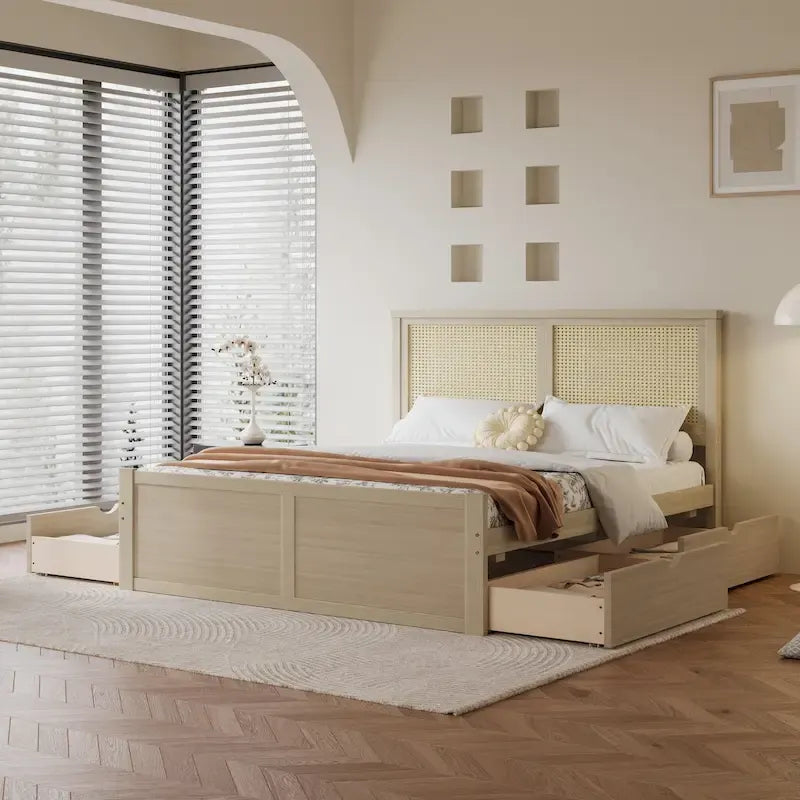 Cama Plataforma Antigua de Madera Natural de Tamaño Completo con 4 Cajones y Cabecero de Ratán – Para 1-2 Personas