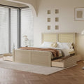 Cama Plataforma Antigua de Madera Natural de Tamaño Completo con 4 Cajones y Cabecero de Ratán – Para 1-2 Personas