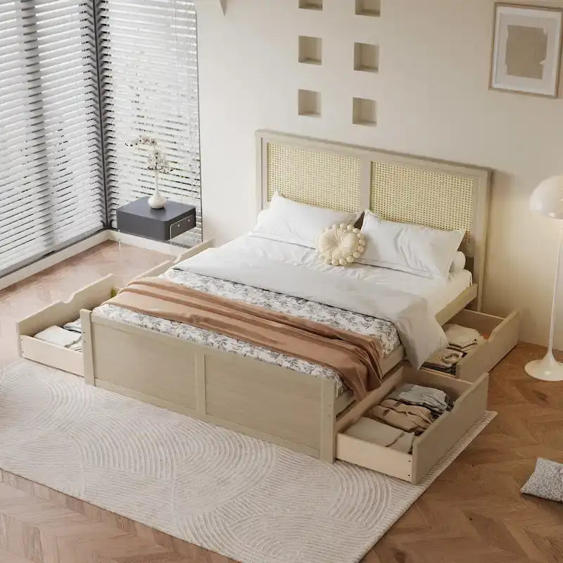 Cama Plataforma Antigua de Madera Natural de Tamaño Completo con 4 Cajones y Cabecero de Ratán – Para 1-2 Personas