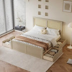 Cama Plataforma Antigua de Madera Natural de Tamaño Completo con 4 Cajones y Cabecero de Ratán – Para 1-2 Personas