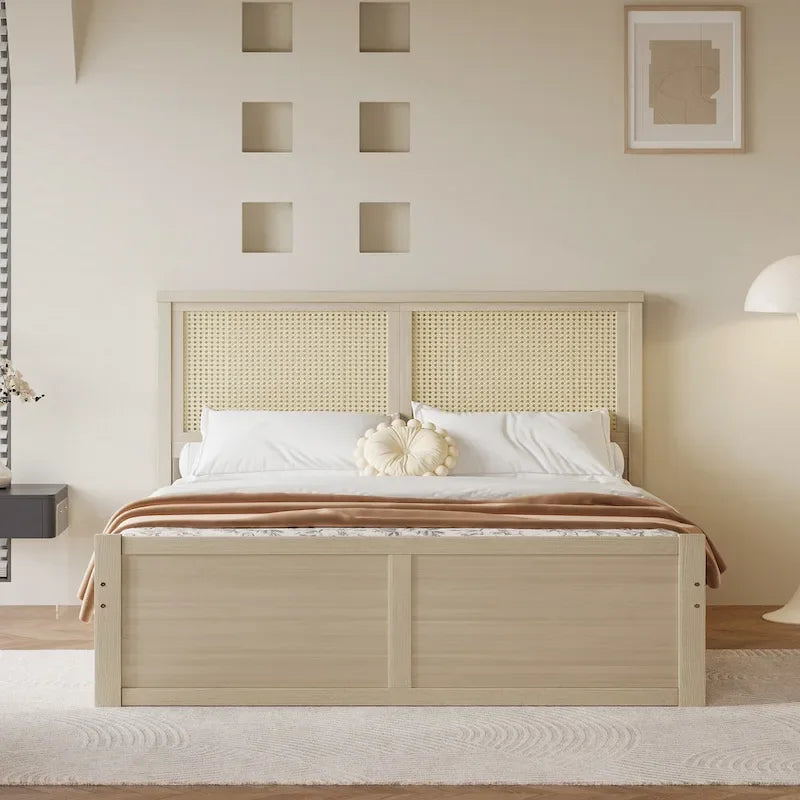 Cama Plataforma Antigua de Madera Natural de Tamaño Completo con 4 Cajones y Cabecero de Ratán – Para 1-2 Personas