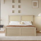 Cama Plataforma Antigua de Madera Natural de Tamaño Completo con 4 Cajones y Cabecero de Ratán – Para 1-2 Personas