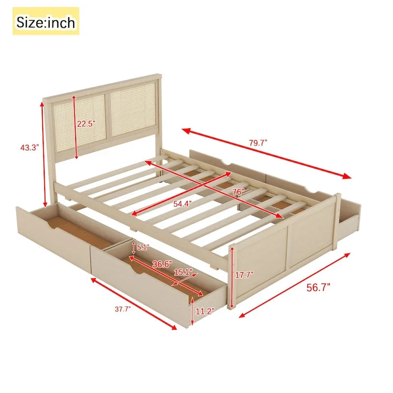 Cama Plataforma Antigua de Madera Natural de Tamaño Completo con 4 Cajones y Cabecero de Ratán – Para 1-2 Personas