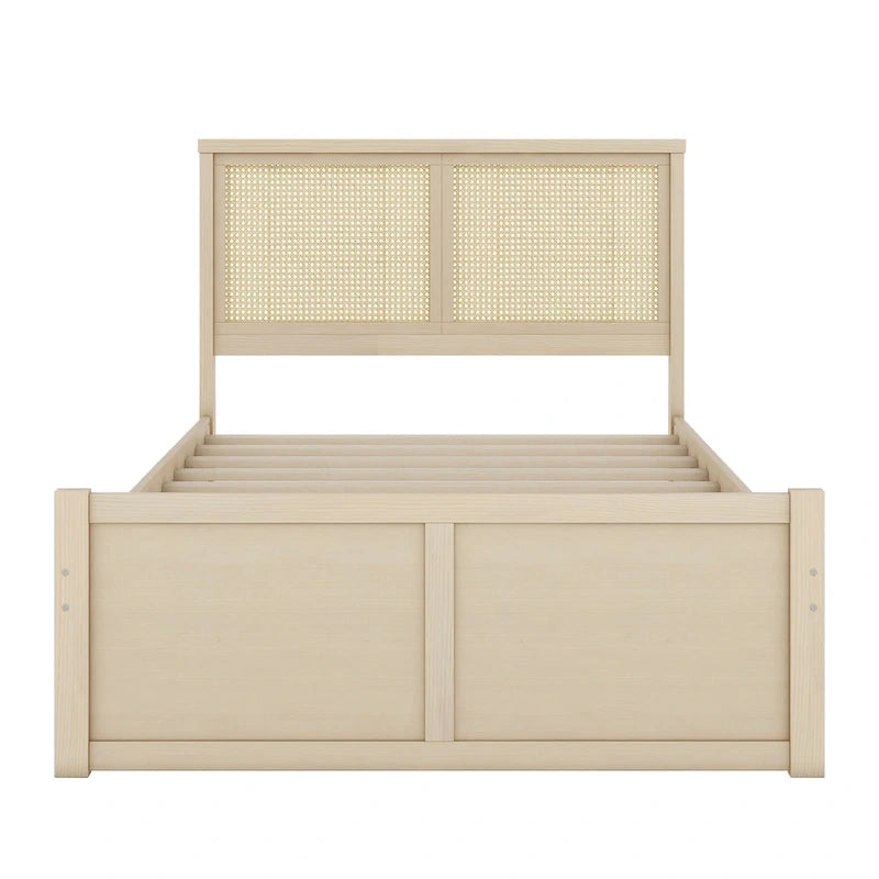 Cama Plataforma Antigua de Madera Natural de Tamaño Completo con 4 Cajones y Cabecero de Ratán – Para 1-2 Personas