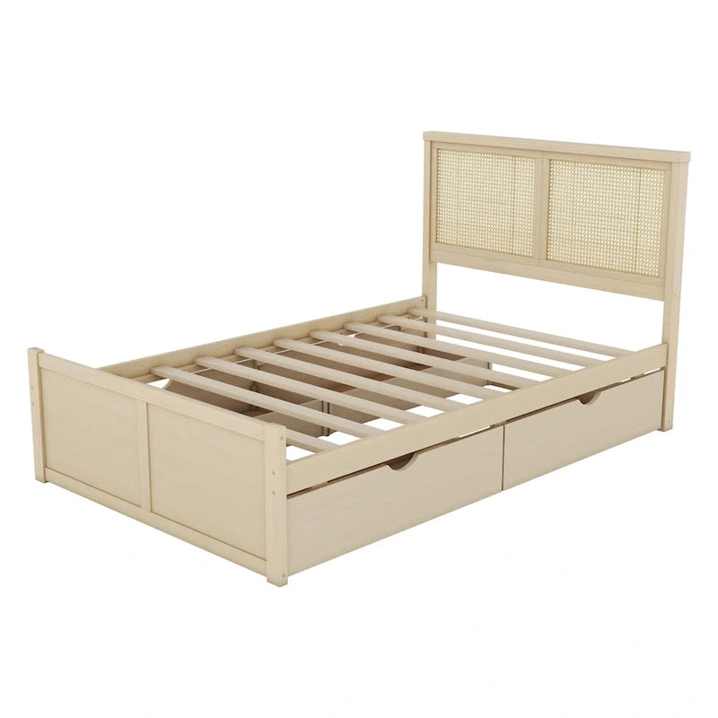 Cama Plataforma Antigua de Madera Natural de Tamaño Completo con 4 Cajones y Cabecero de Ratán – Para 1-2 Personas