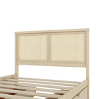 Cama Plataforma Antigua de Madera Natural de Tamaño Completo con 4 Cajones y Cabecero de Ratán – Para 1-2 Personas