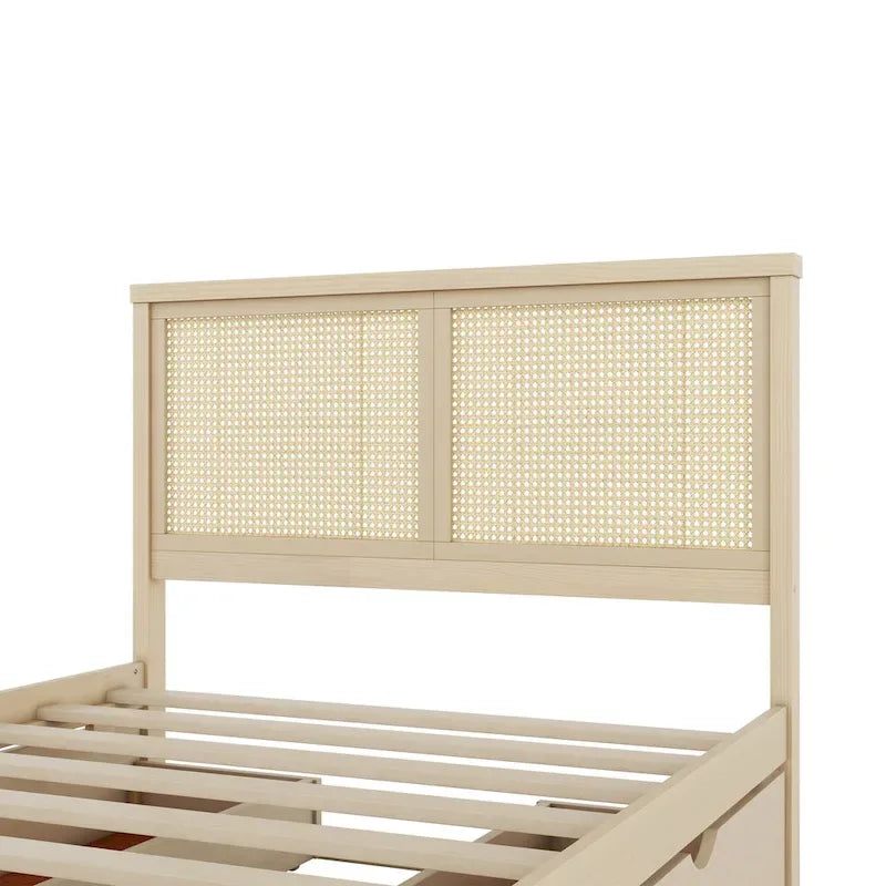 Cama Plataforma Antigua de Madera Natural de Tamaño Completo con 4 Cajones y Cabecero de Ratán – Para 1-2 Personas