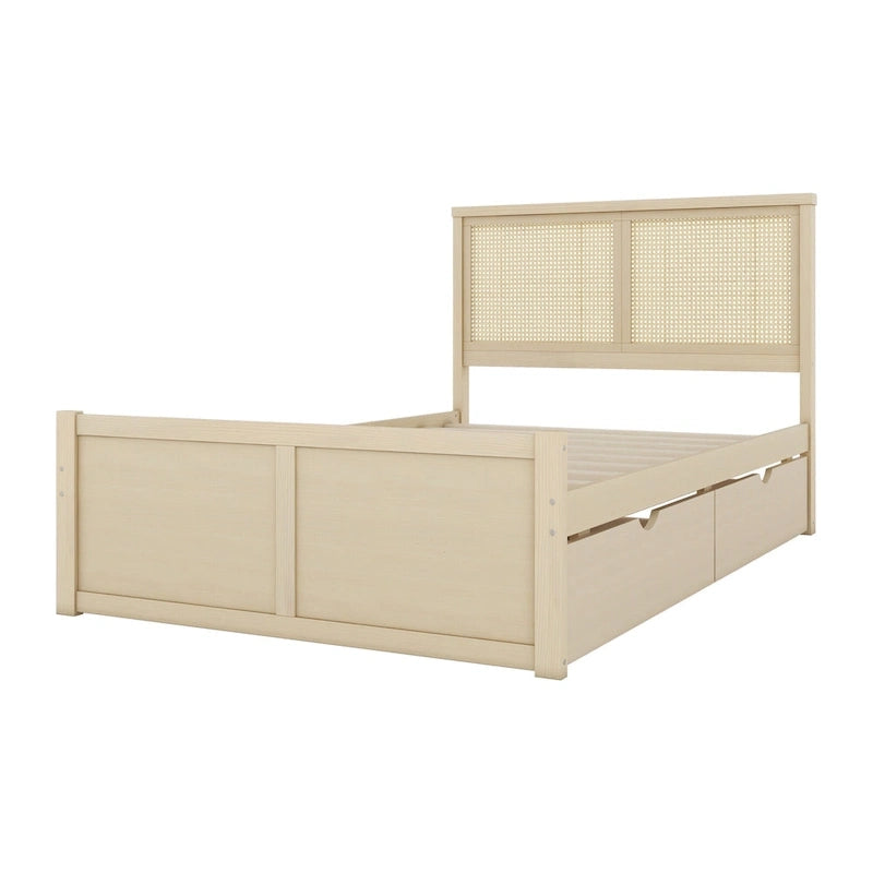 Cama Plataforma Antigua de Madera Natural de Tamaño Completo con 4 Cajones y Cabecero de Ratán – Para 1-2 Personas