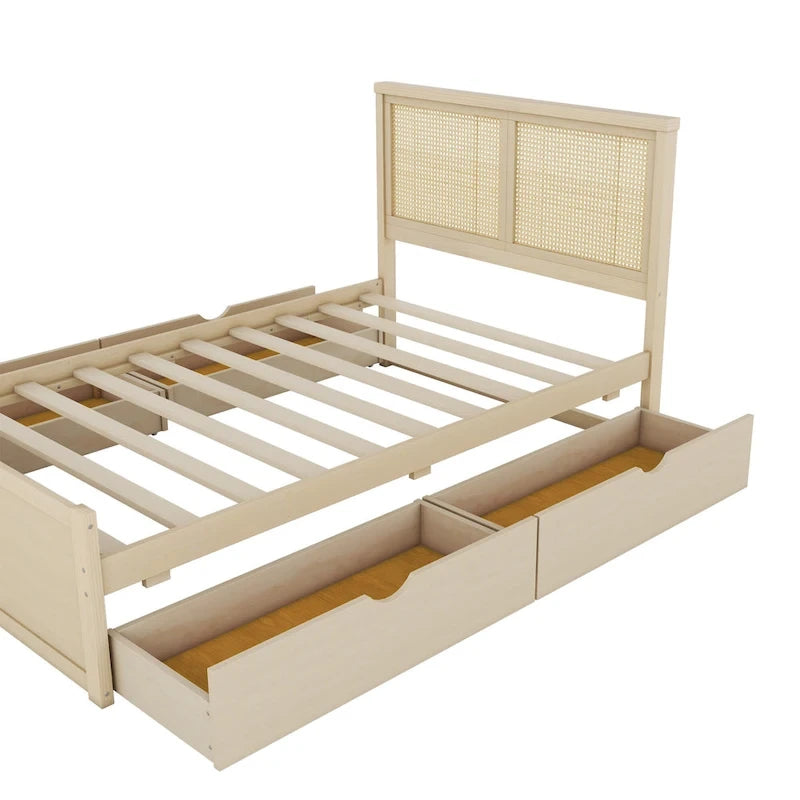 Cama Plataforma Antigua de Madera Natural de Tamaño Completo con 4 Cajones y Cabecero de Ratán – Para 1-2 Personas