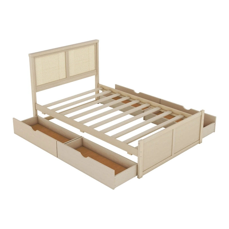 Cama Plataforma Antigua de Madera Natural de Tamaño Completo con 4 Cajones y Cabecero de Ratán – Para 1-2 Personas