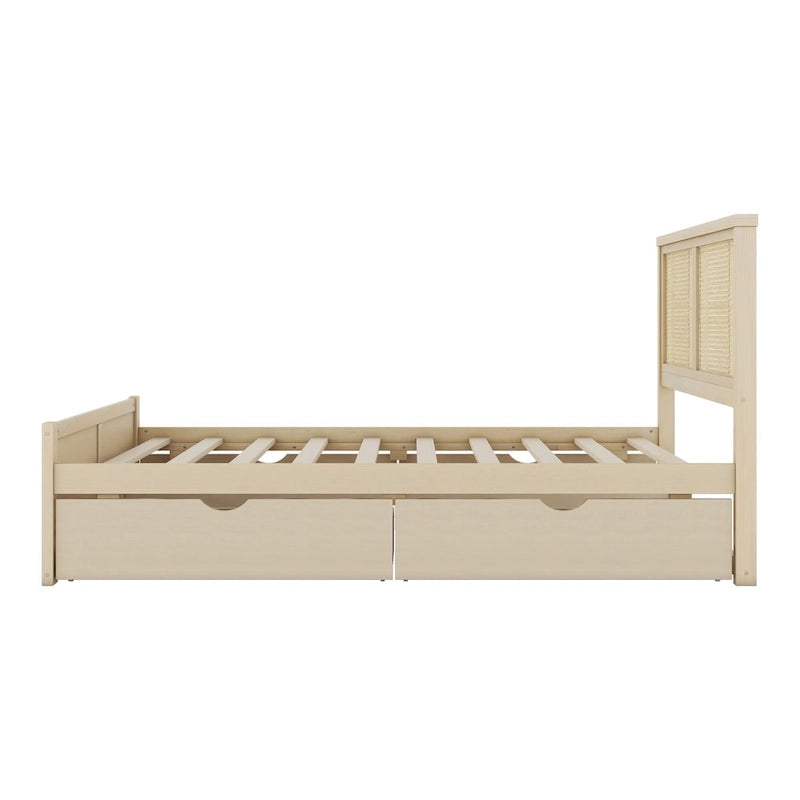 Cama Plataforma Antigua de Madera Natural de Tamaño Completo con 4 Cajones y Cabecero de Ratán – Para 1-2 Personas