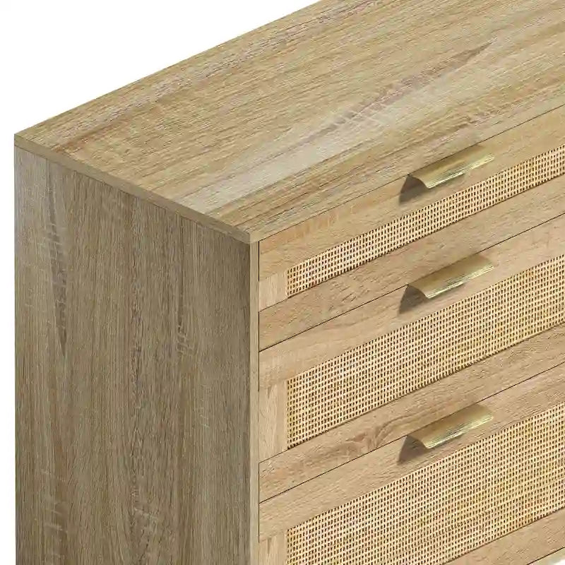 Cómoda de ratán de 6 cajones negra/natural con tiradores de metal y patas de madera – 1 persona