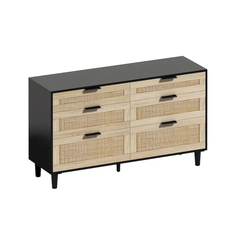 Cómoda de ratán de 6 cajones negra/natural con tiradores de metal y patas de madera – 1 persona