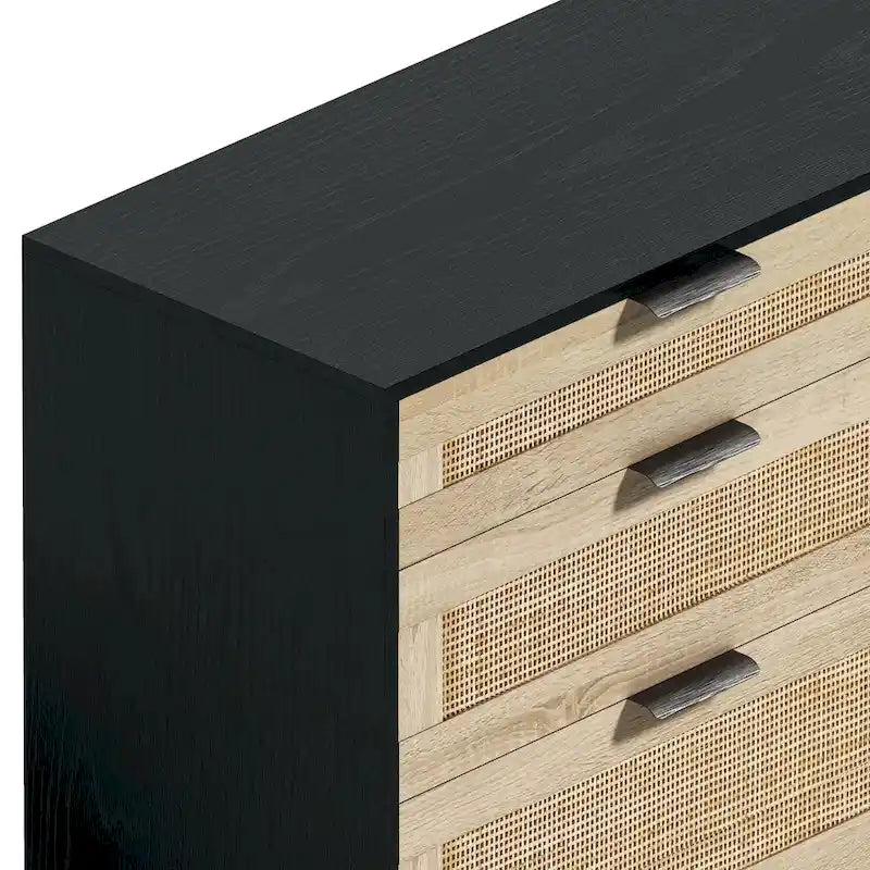Cómoda de ratán de 6 cajones negra/natural con tiradores de metal y patas de madera – 1 persona