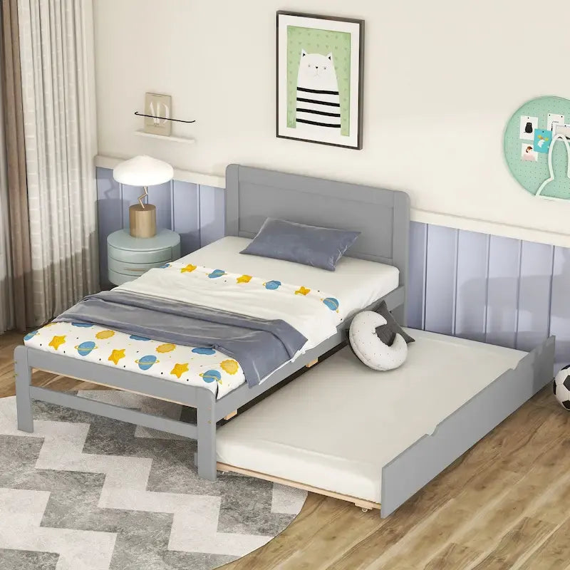 Cama plataforma doble gris/nogal/blanco envejecido con cama nido - Capacidad para 2 personas