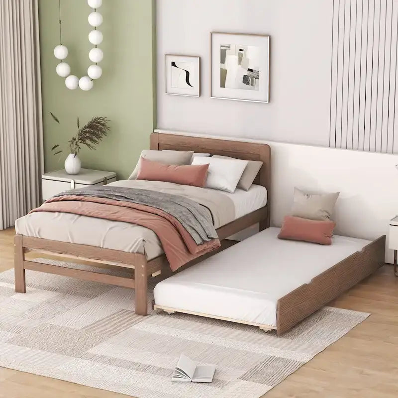 Cama plataforma doble gris/nogal/blanco envejecido con cama nido - Capacidad para 2 personas