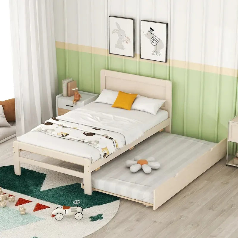 Cama plataforma doble gris/nogal/blanco envejecido con cama nido - Capacidad para 2 personas