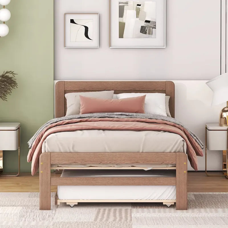 Cama plataforma doble gris/nogal/blanco envejecido con cama nido - Capacidad para 2 personas