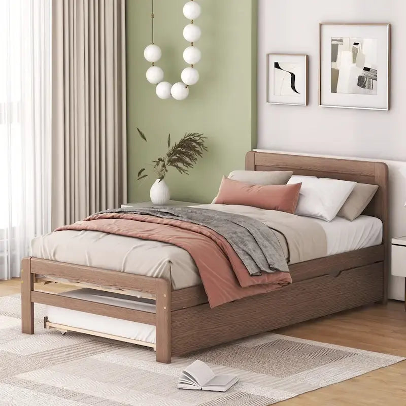 Cama plataforma doble gris/nogal/blanco envejecido con cama nido - Capacidad para 2 personas