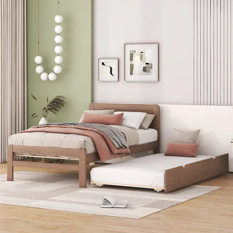 Cama plataforma doble gris/nogal/blanco envejecido con cama nido - Capacidad para 2 personas
