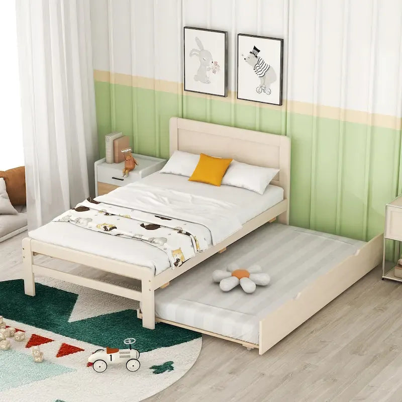 Cama plataforma doble gris/nogal/blanco envejecido con cama nido - Capacidad para 2 personas