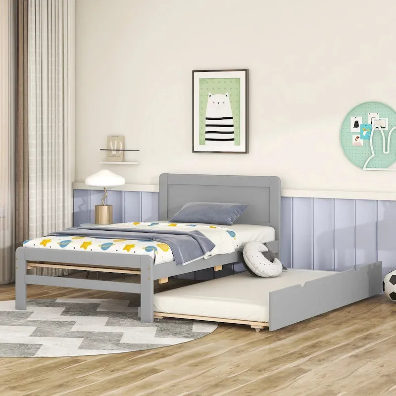 Cama plataforma doble gris/nogal/blanco envejecido con cama nido - Capacidad para 2 personas