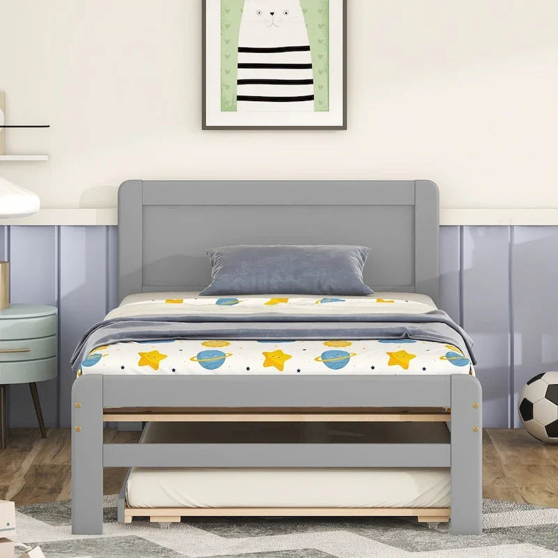 Cama plataforma doble gris/nogal/blanco envejecido con cama nido - Capacidad para 2 personas