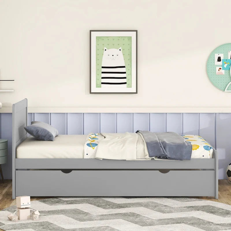 Cama plataforma doble gris/nogal/blanco envejecido con cama nido - Capacidad para 2 personas