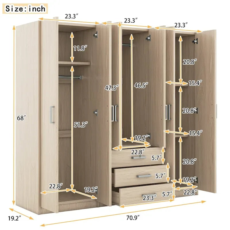Armario de 6 puertas y 3 cajones, color marrón/gris/blanco – Para 1-2 usuarios