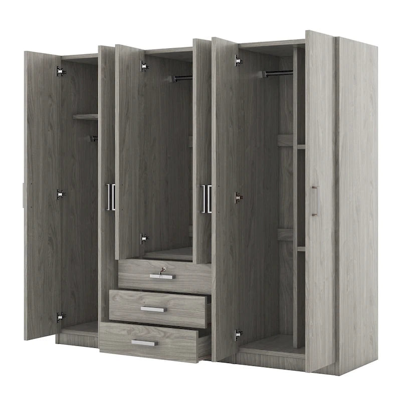 Armario de 6 puertas y 3 cajones, color marrón/gris/blanco – Para 1-2 usuarios