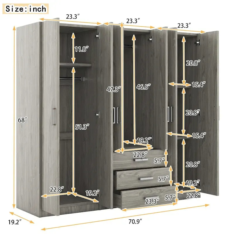 Armario de 6 puertas y 3 cajones, color marrón/gris/blanco – Para 1-2 usuarios