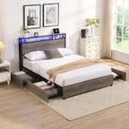 Cama Matrimonial Gris Antiguo con Cabecero de Almacenamiento, Luces LED y Estación de Carga, para 1 persona