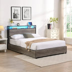 Cama Matrimonial Gris Antiguo con Cabecero de Almacenamiento, Luces LED y Estación de Carga, para 1 persona
