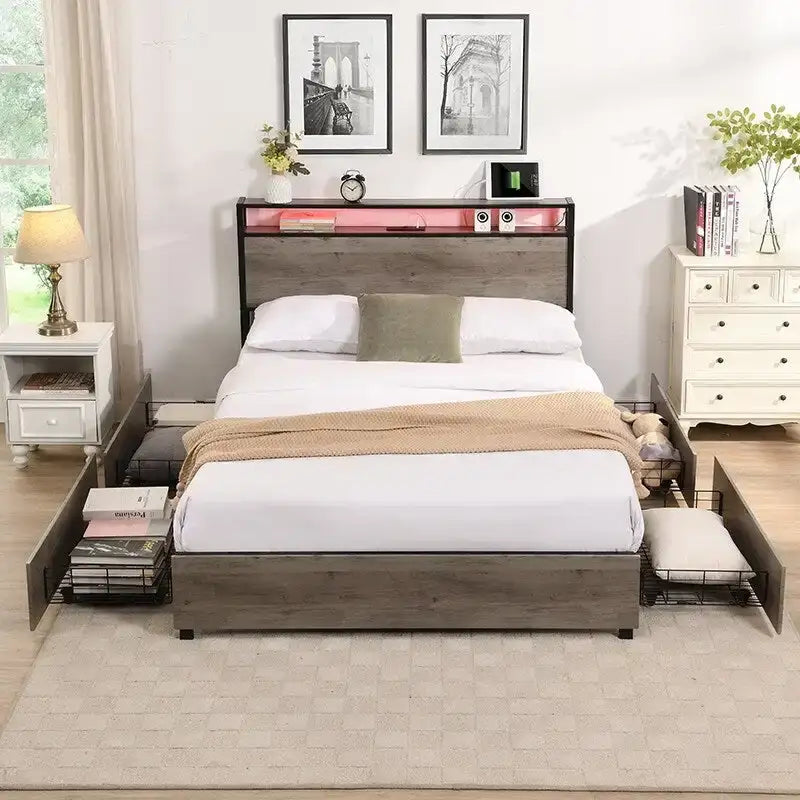 Cama Matrimonial Gris Antiguo con Cabecero de Almacenamiento, Luces LED y Estación de Carga, para 1 persona