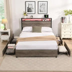 Cama Matrimonial Gris Antiguo con Cabecero de Almacenamiento, Luces LED y Estación de Carga, para 1 persona