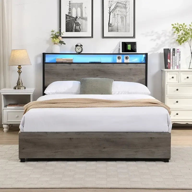 Cama Matrimonial Gris Antiguo con Cabecero de Almacenamiento, Luces LED y Estación de Carga, para 1 persona