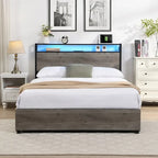 Cama Matrimonial Gris Antiguo con Cabecero de Almacenamiento, Luces LED y Estación de Carga, para 1 persona