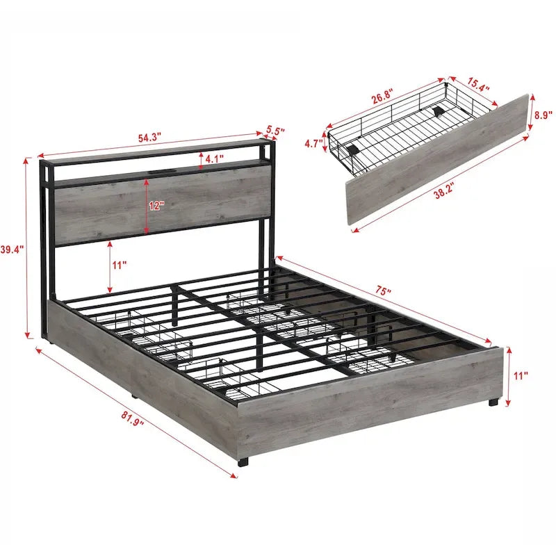 Cama Matrimonial Gris Antiguo con Cabecero de Almacenamiento, Luces LED y Estación de Carga, para 1 persona