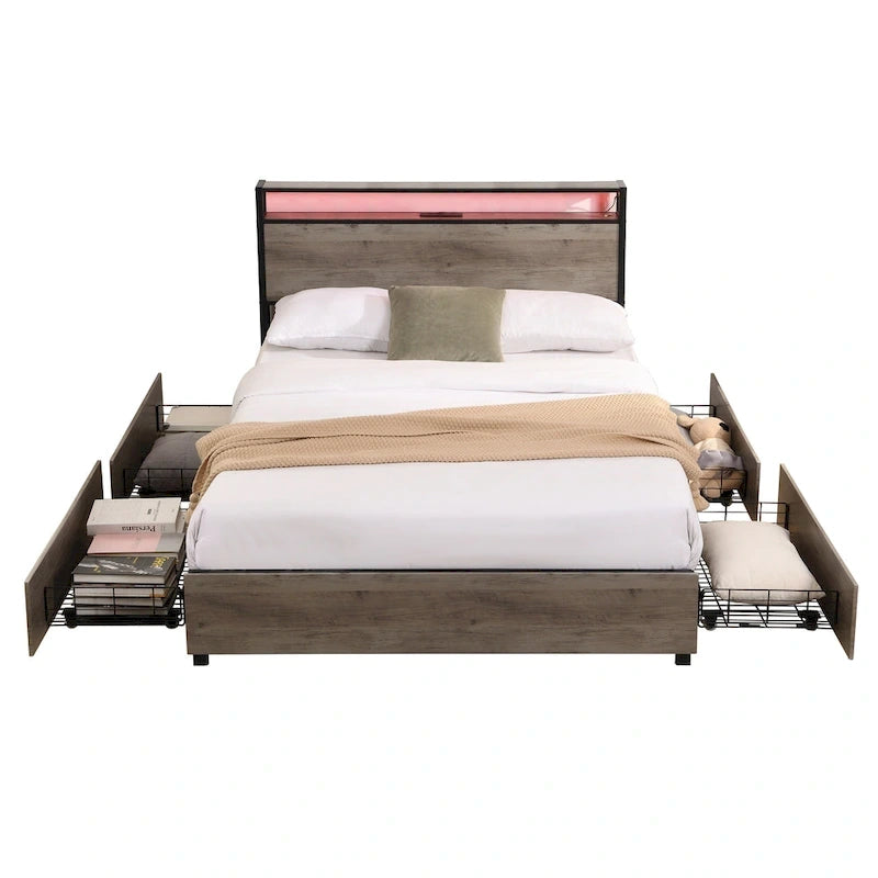 Cama Matrimonial Gris Antiguo con Cabecero de Almacenamiento, Luces LED y Estación de Carga, para 1 persona